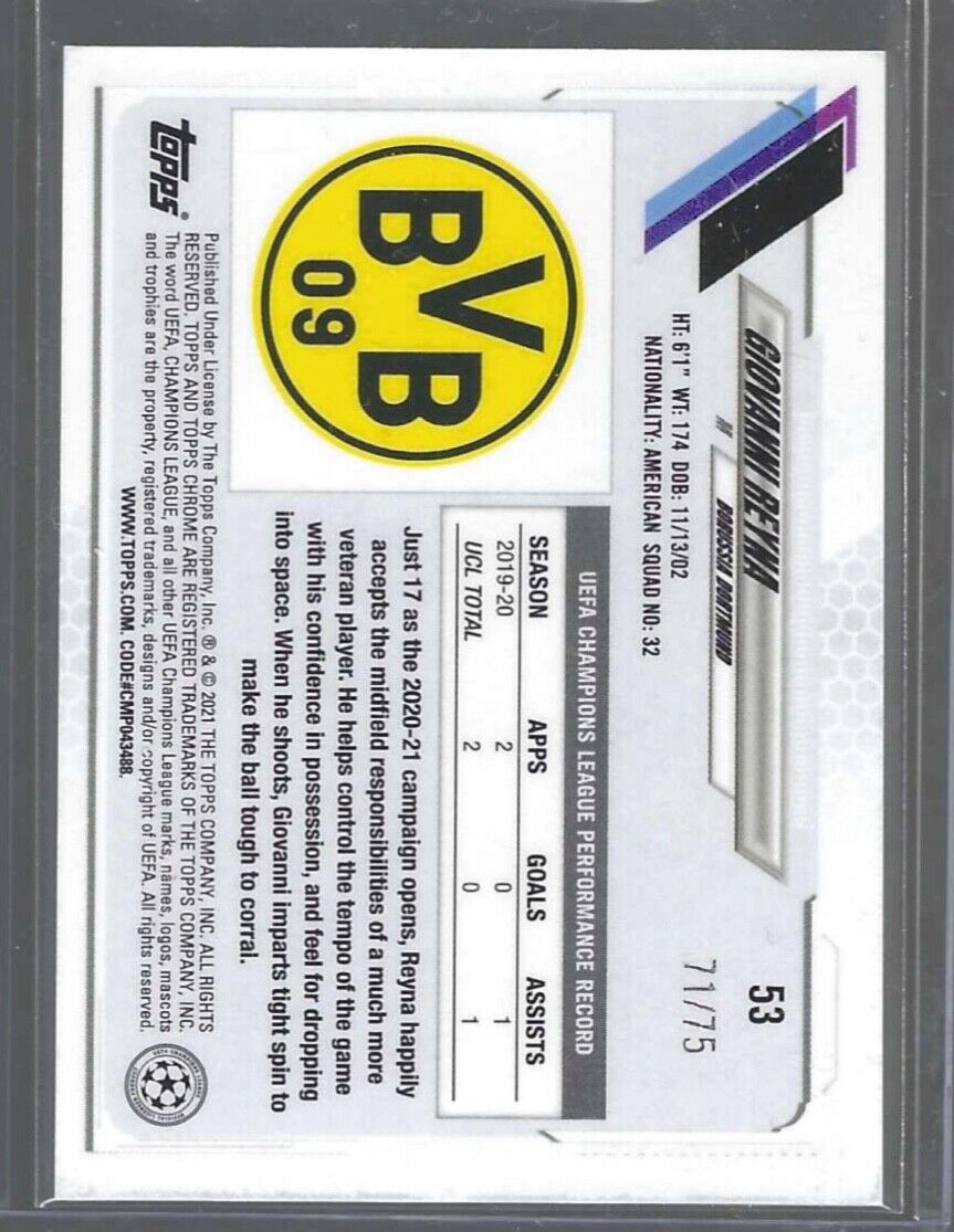 GIOVANNI REYNA 2020-21 TOPPS CHROME UCL UEFA BLUE WAVE REFRACTOR #D 71/75