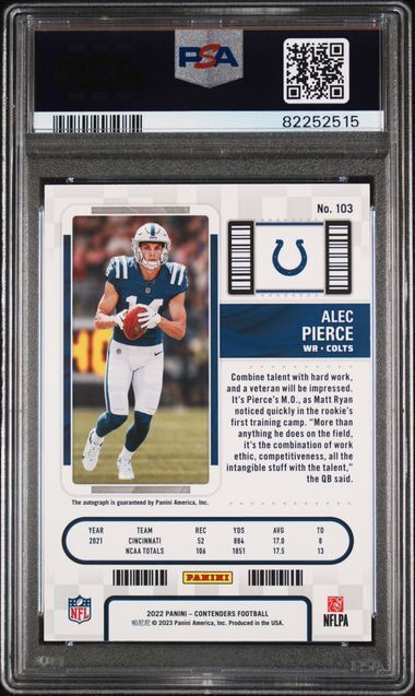 ALEC PIERCE 2022 PANINI CONTENDERS ROOKIE TICKET ON CARD AUTO RC #103 PSA 10 GEM