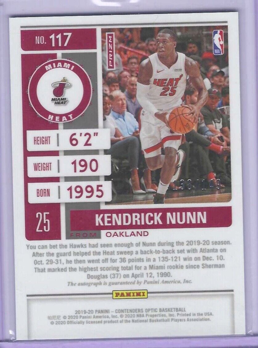 KENDRICK NUNN 2019-20 PANINI OPTIC CONTENDERS RED HOLO ROOKIE AUTO RC #D 138/149