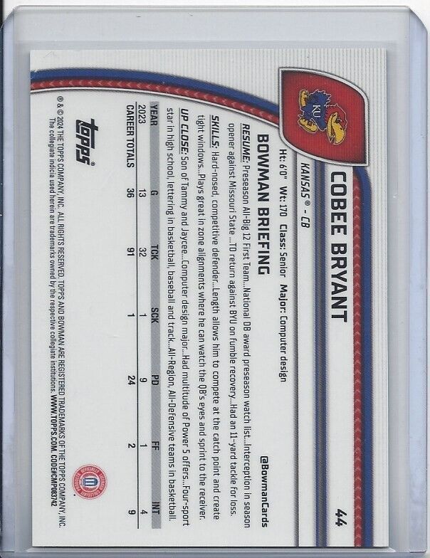 COBEE BRYANT 2024 BOWMAN CHROME UNIVERSITY 1ST AQUA MINI DIAMOND REFRACTOR /275