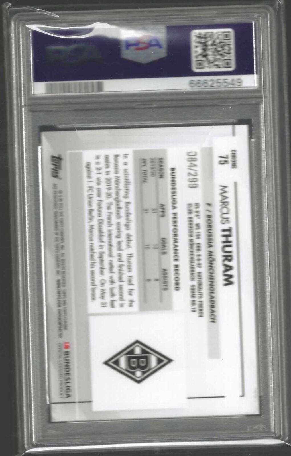MARCUS THURAM 2020-21 TOPPS CHROME BDSLG PURPLE REFRACTOR RC /299 PSA 10 POP 1/1