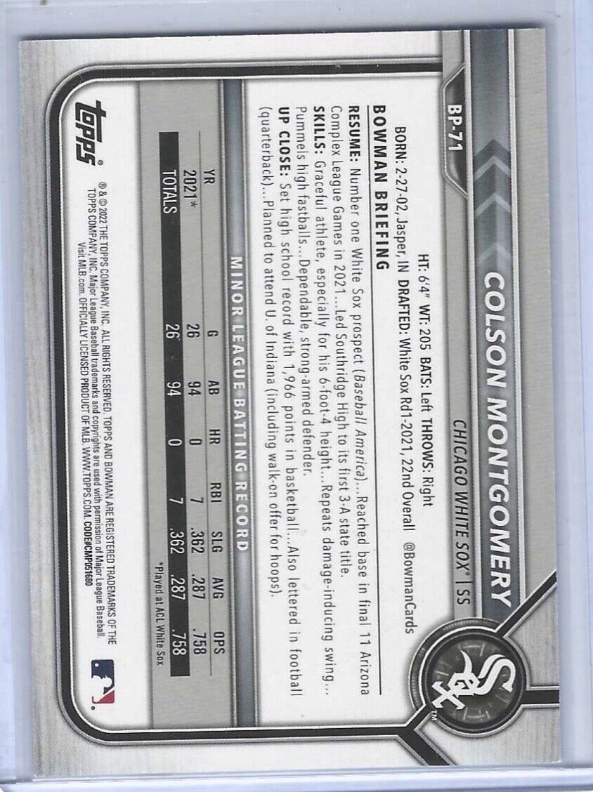 COLSON MONTGOMERY 2022 BOWMAN SKY BLUE 1ST BOWMAN PROSPECT #D 137/499
