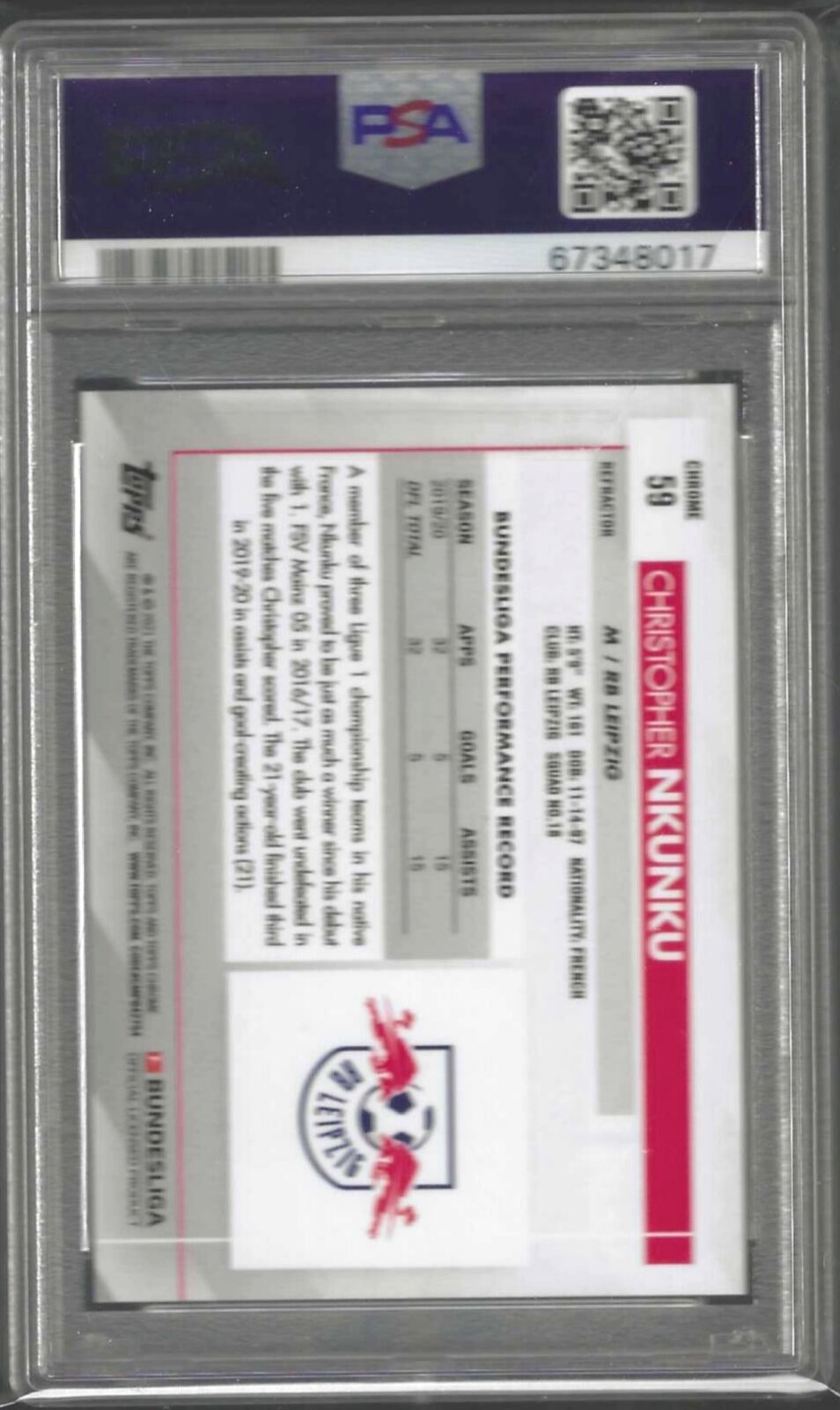 CHRISTOPHER NKUNKU 2020-21 TOPPS CHROME SILVER REFRACTOR RC #59 PSA 10 GEM MINT