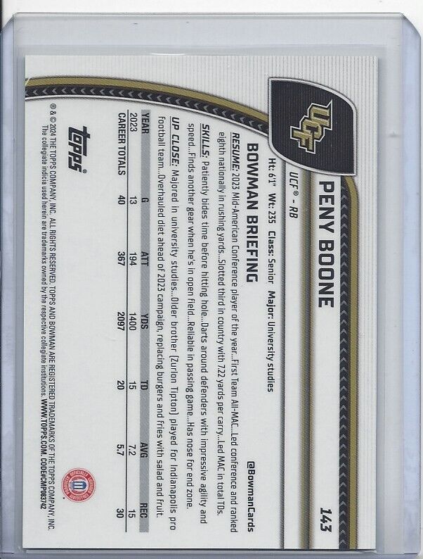 PENY BOONE 20224 BOWMAN CHROME UNIV 1ST UCF GREEN REFRACTOR /99