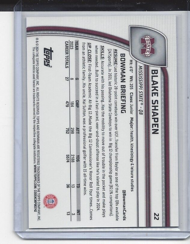 BLAKE SHAPEN 2024 BOWMAN CHROME UNIVERSITY BLUE REFRACTOR MISSISSIPPI ST #D /199