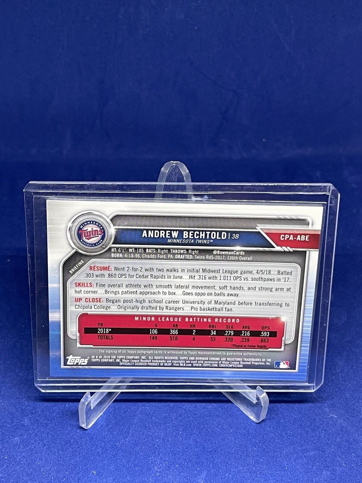 ANDREW BECHTOLD 2019 BOWMAN CHROME 1ST BOWMAN ON CARD AUTO PROSPECT