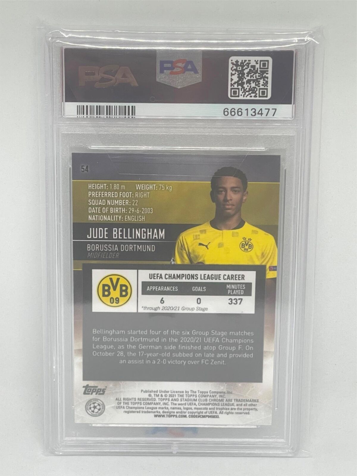 JUDE BELLINGHAM 2020-21 TOPPS STADIUM CLUB UEFA CHAMPIONS LEAGUE #54 RC PSA 10