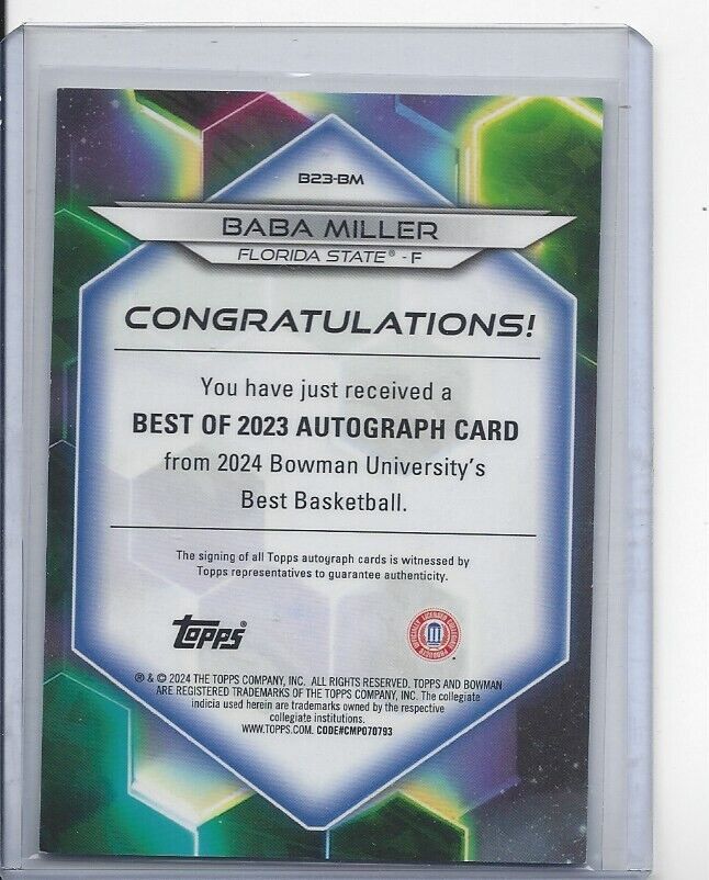 BABA MILLER 2023 BOWMAN'S BEST UNIVERSITY GOLD GEOMETRIC REFRACTOR AUTO #D 1/50