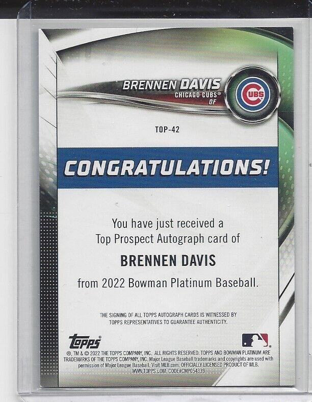 BRENNEN DAVIS 2022 BOWMAN PLATINUM PINK FOIL CUBS PROSPECT AUTO #D 93/199