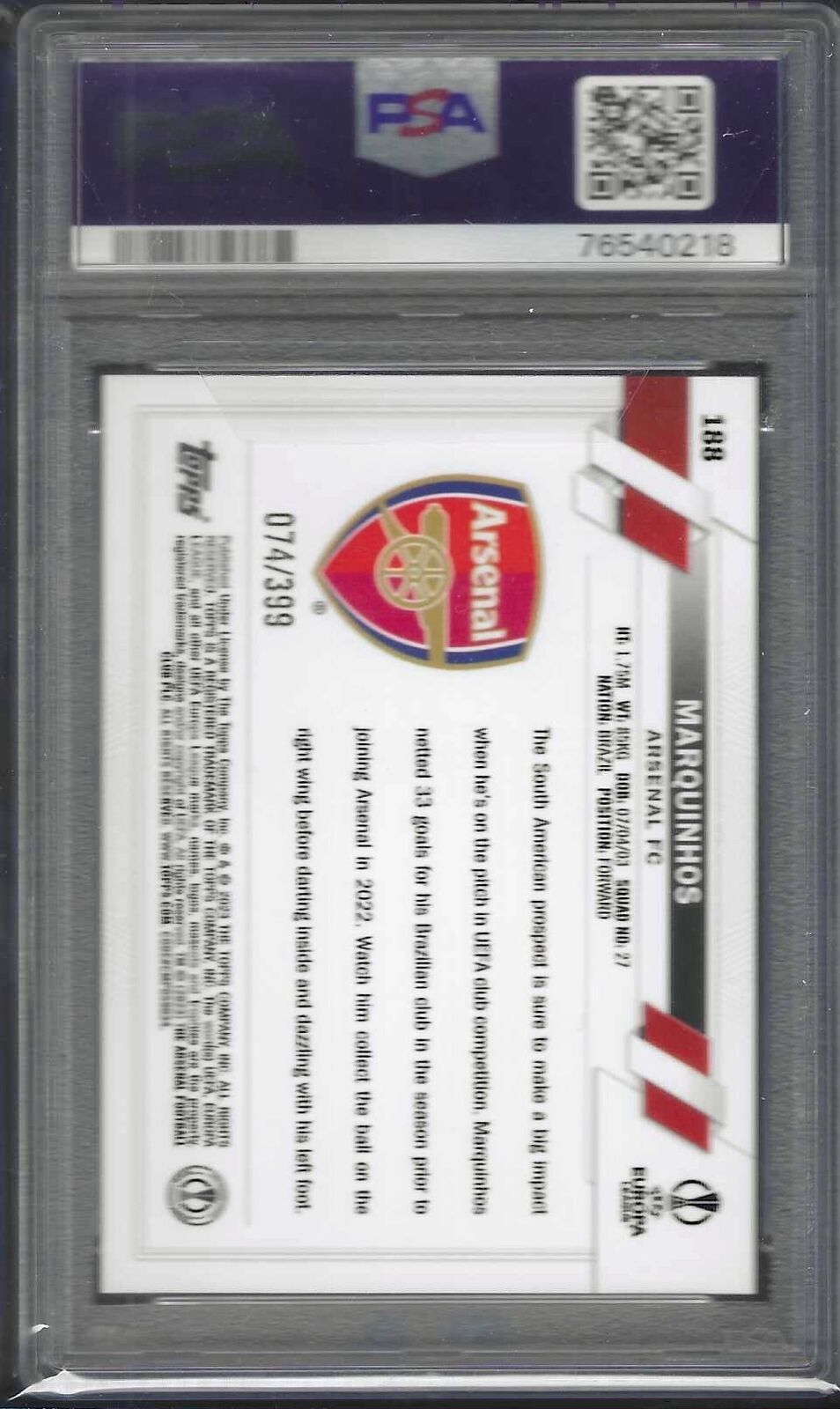 MARQUINHOS 2022-23 TOPPS UEFA CC ICY AQUA FOIL ROOKIE RC /399 PSA 9 MINT POP 1/1
