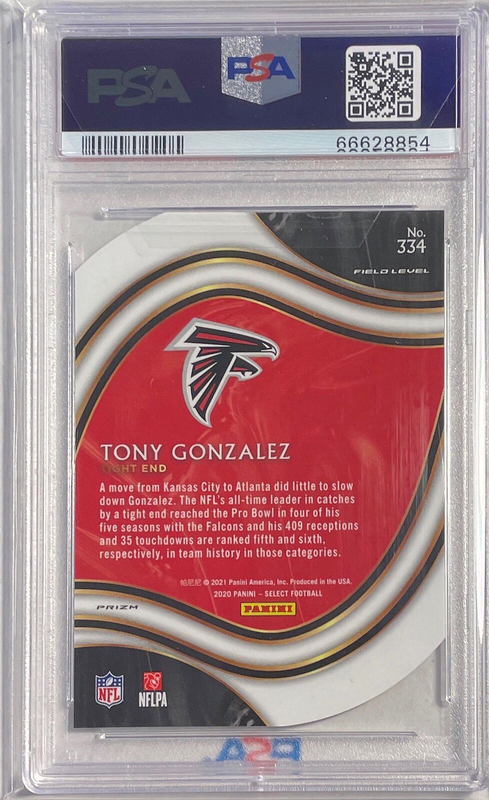 TONY GONZALEZ 2020 PANINI SELECT DIE CUT ZEBRA PRIZM SSP #334 PSA 10 GEM POP 3