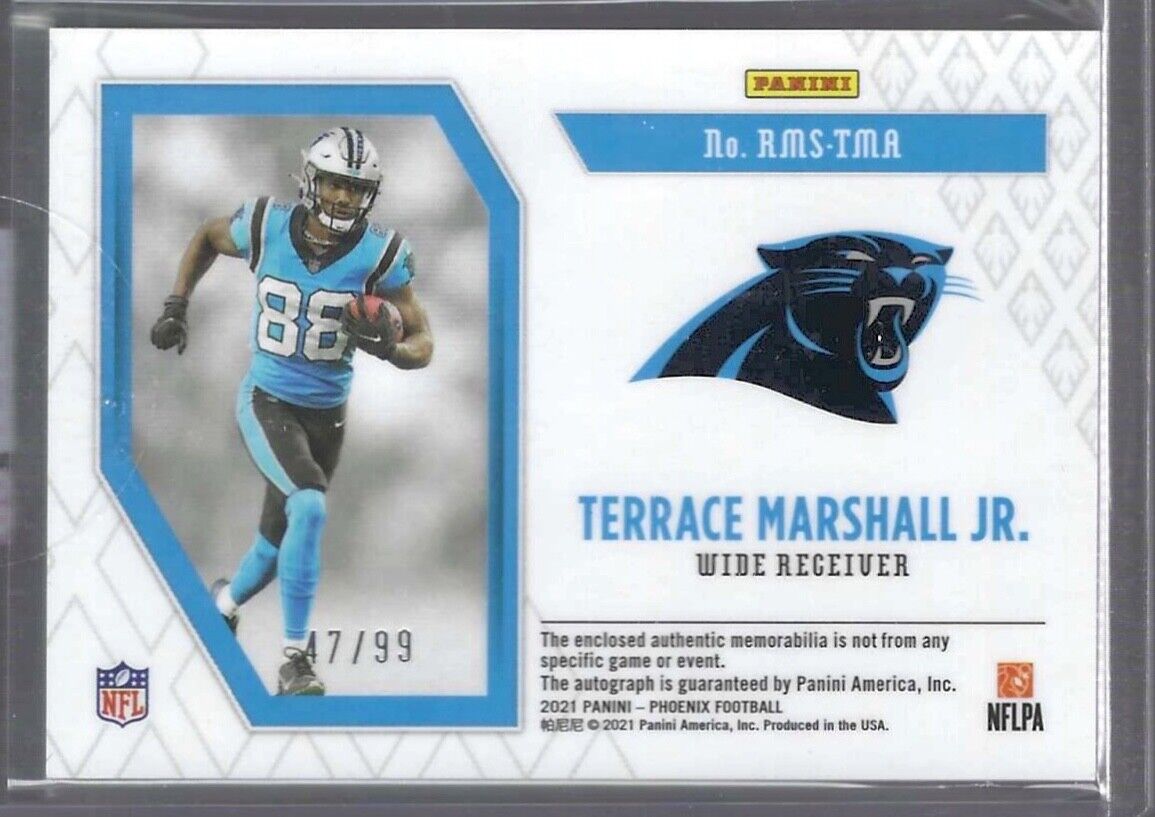 TERRACE MARSHALL JR 2021 PANINI PHOENIX ORANGE PRIZM GLOVE PATCH AUTO RC #D /99