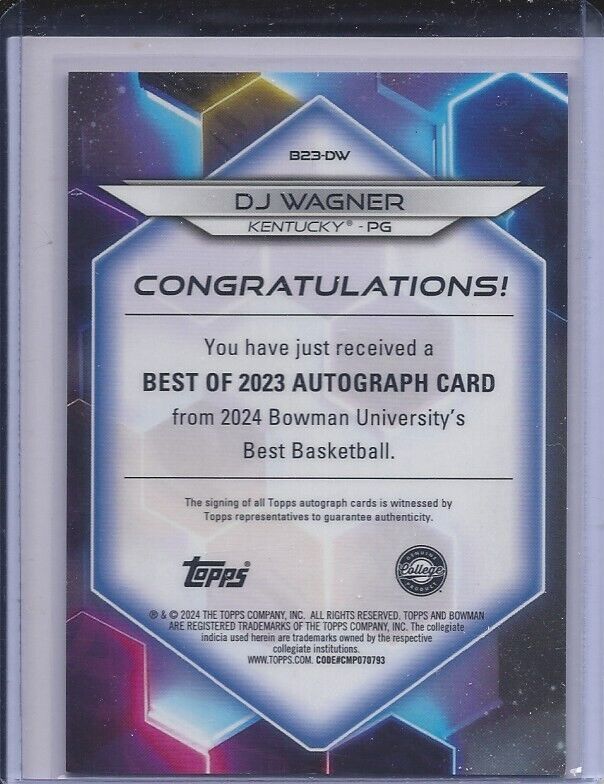 DJ WAGNER 2023 BOWMANS BEST UNIVERSITY KENTUCKY REFRACTOR AUTO #D 104/125