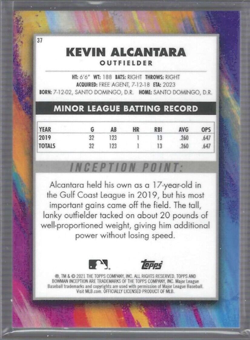 KEVIN ALCANTARA 2021 BOWMAN 1ST TOPPS INCEPTION GOLD FOIL PROSPECT #D 5/5