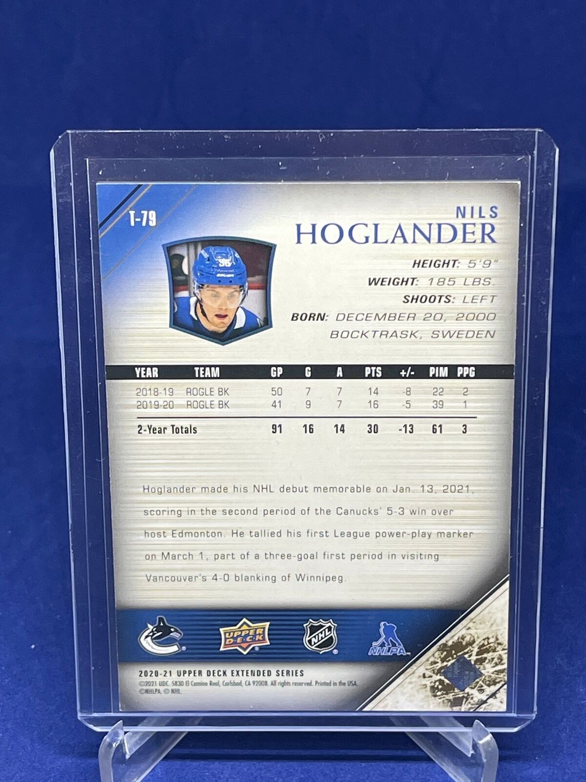 NILS HOGLANDER 2020-21 UPPER DECK EXTENDED SERIES ROOKIE EXCLUSIVES RC #D 57/100