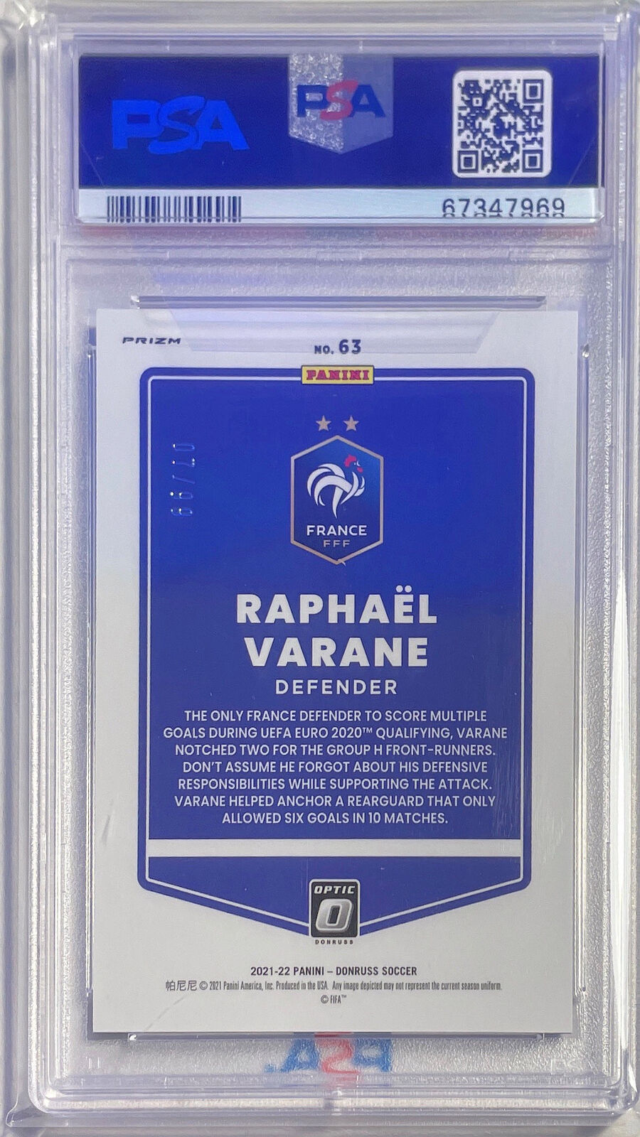 RAPHAEL VARANE 2021-22 DONRUSS OPTIC QATAR BLUE HOLO #D 07/99 PSA 10 GEM POP 1/1