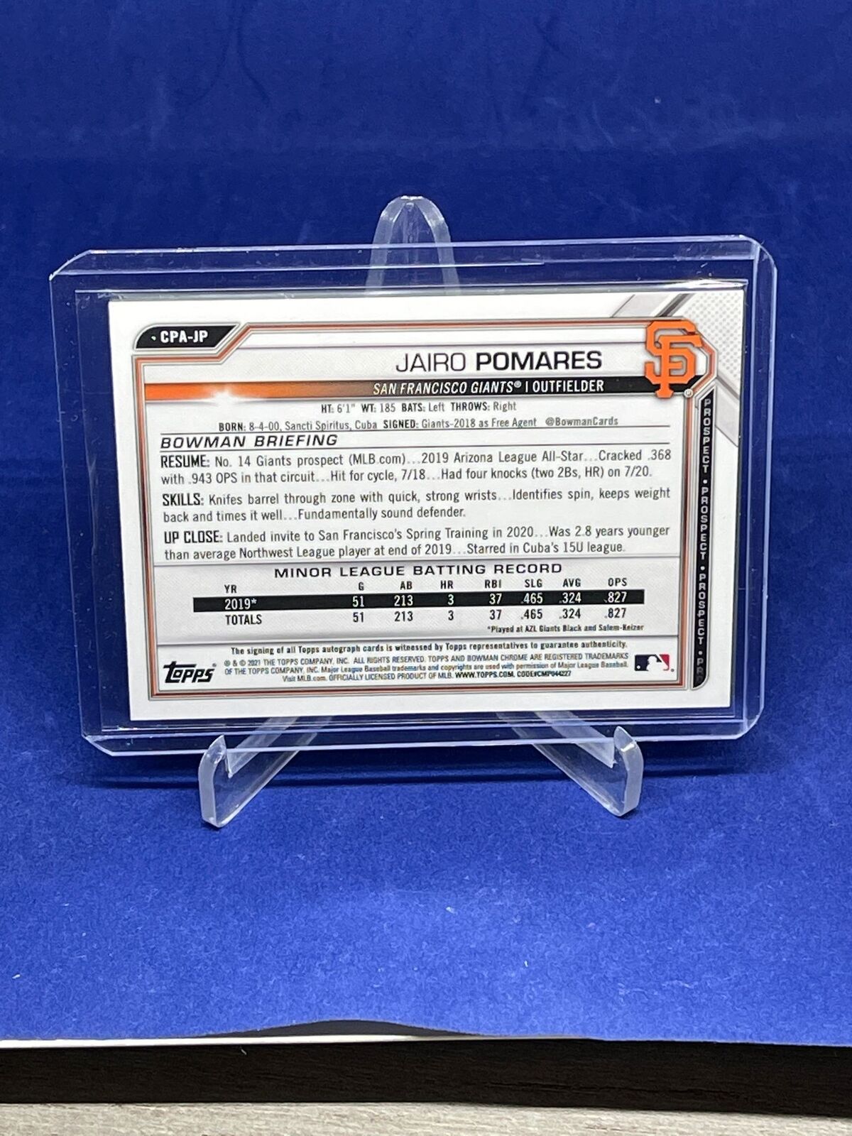 JAIRO POMARES 2021 BOWMAN CHROME 1ST ON CARD AUTO PROSPECT