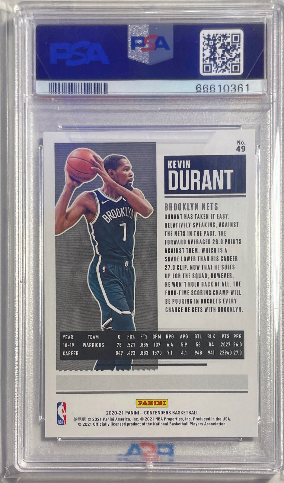 KEVIN DURANT 2020-21 CONTENDERS OPENING NIGHT TICKET #D 11/25 PSA 9 MINT POP 3