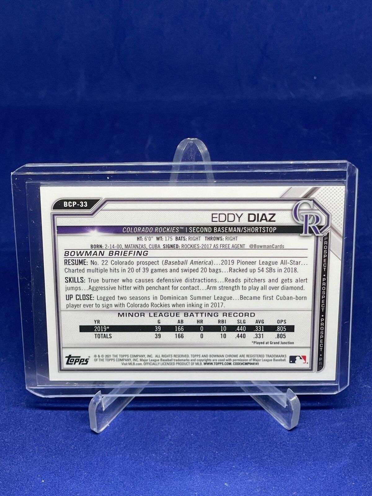 EDDY DIAZ 2021 BOWMAN CHROME AQUA SHIMMER REFRACTOR PROSPECT #D 52/125