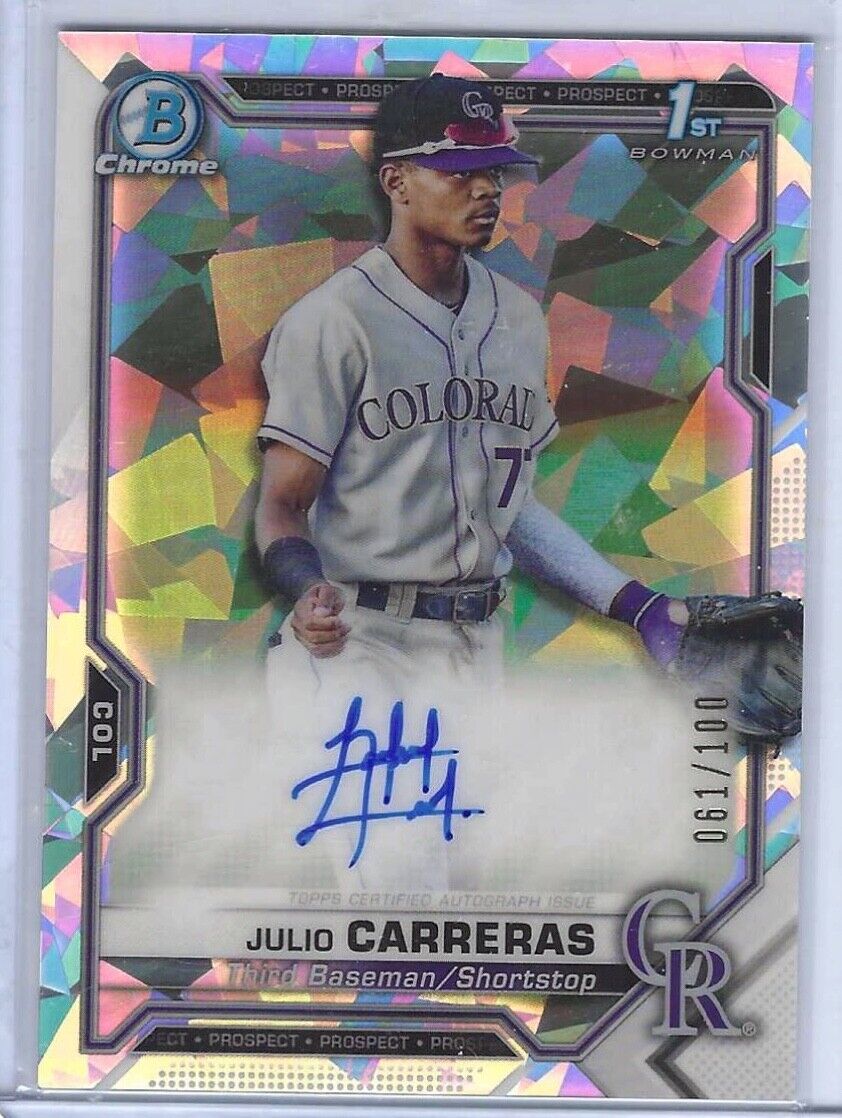 JULIO CARRERAS 2021 BOWMAN CHROME 1ST ATOMIC REFRACTOR PROSPECT AUTO #D 061/100