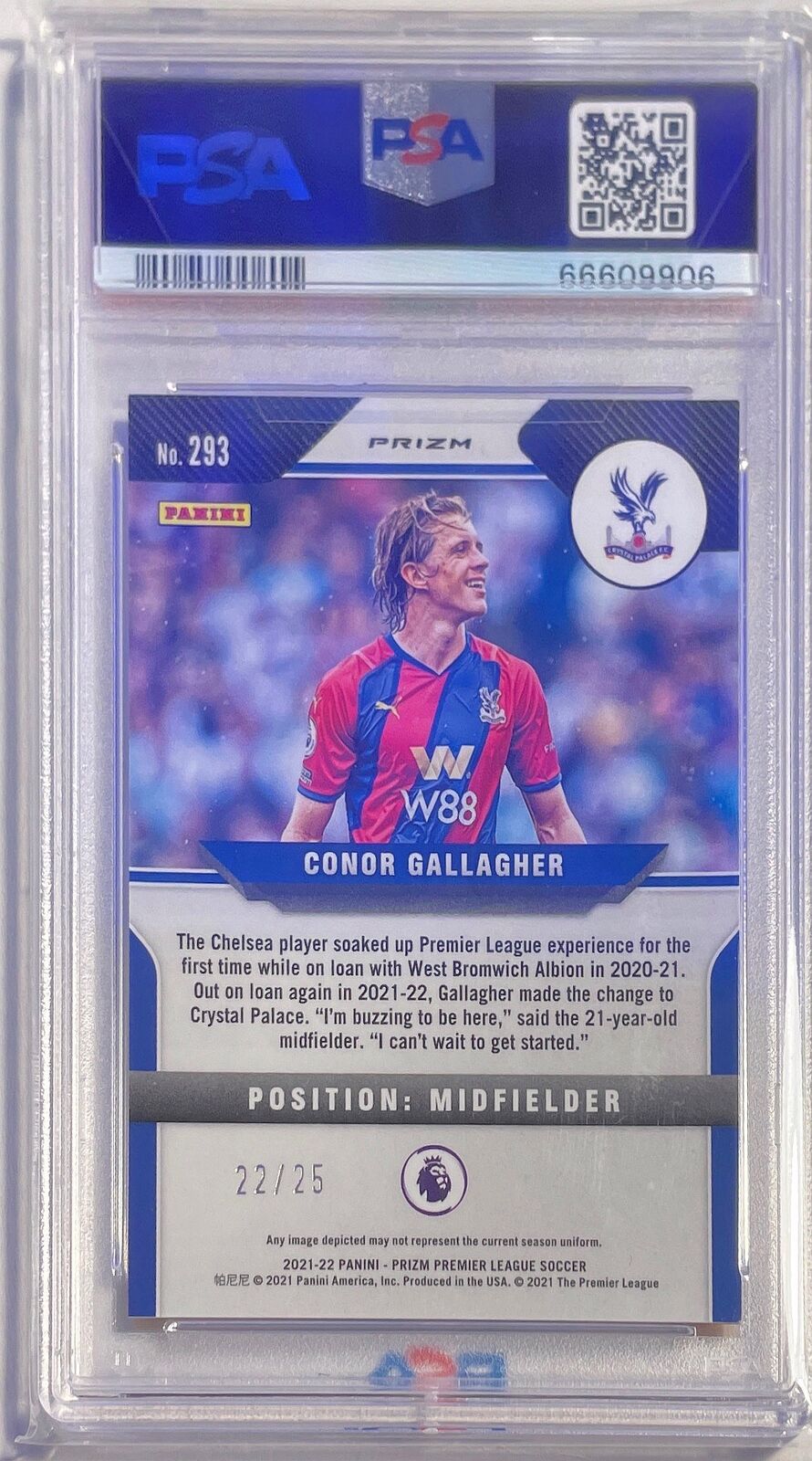 CONOR GALLAGHER 2021-22 PANINI PRIZM EPL ORANGE PRIZM #D 22/25 PSA 9 MINT POP 1