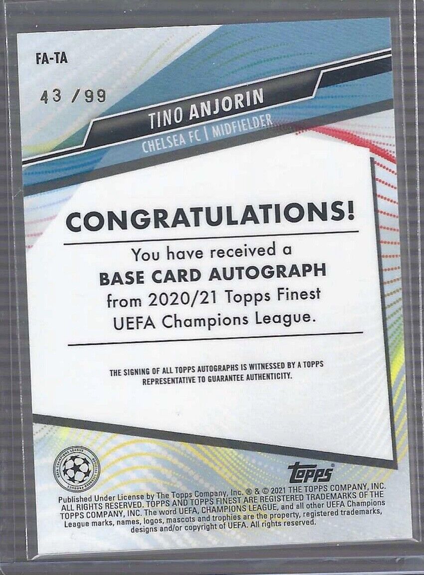 TINO ANJORIN 2020-21 TOPPS FINEST GREEN REFRACTOR ROOKIE AUTO RC #D 43/99
