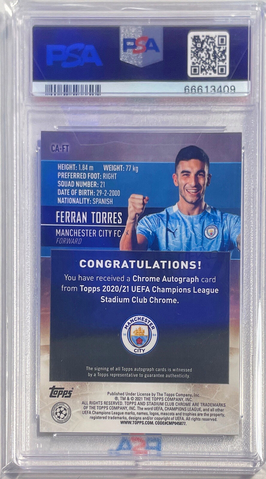 FERRAN TORRES 2020-21 STADIUM CLUB CHROME UCL REFRACTOR AUTO PSA 10 GEM POP 2