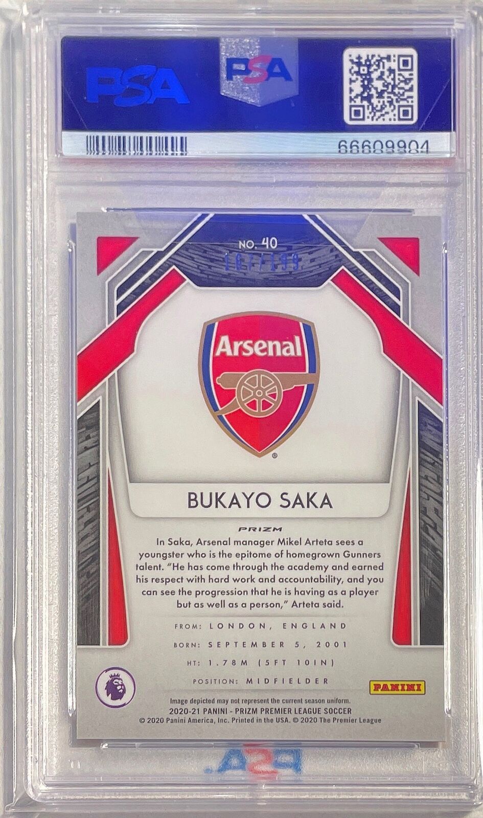 BUKAYO SAKA 2020-21 PANINI PRIZM EPL BLUE PRIZM RC #D 167/199 PSA 10 GEM POP 12