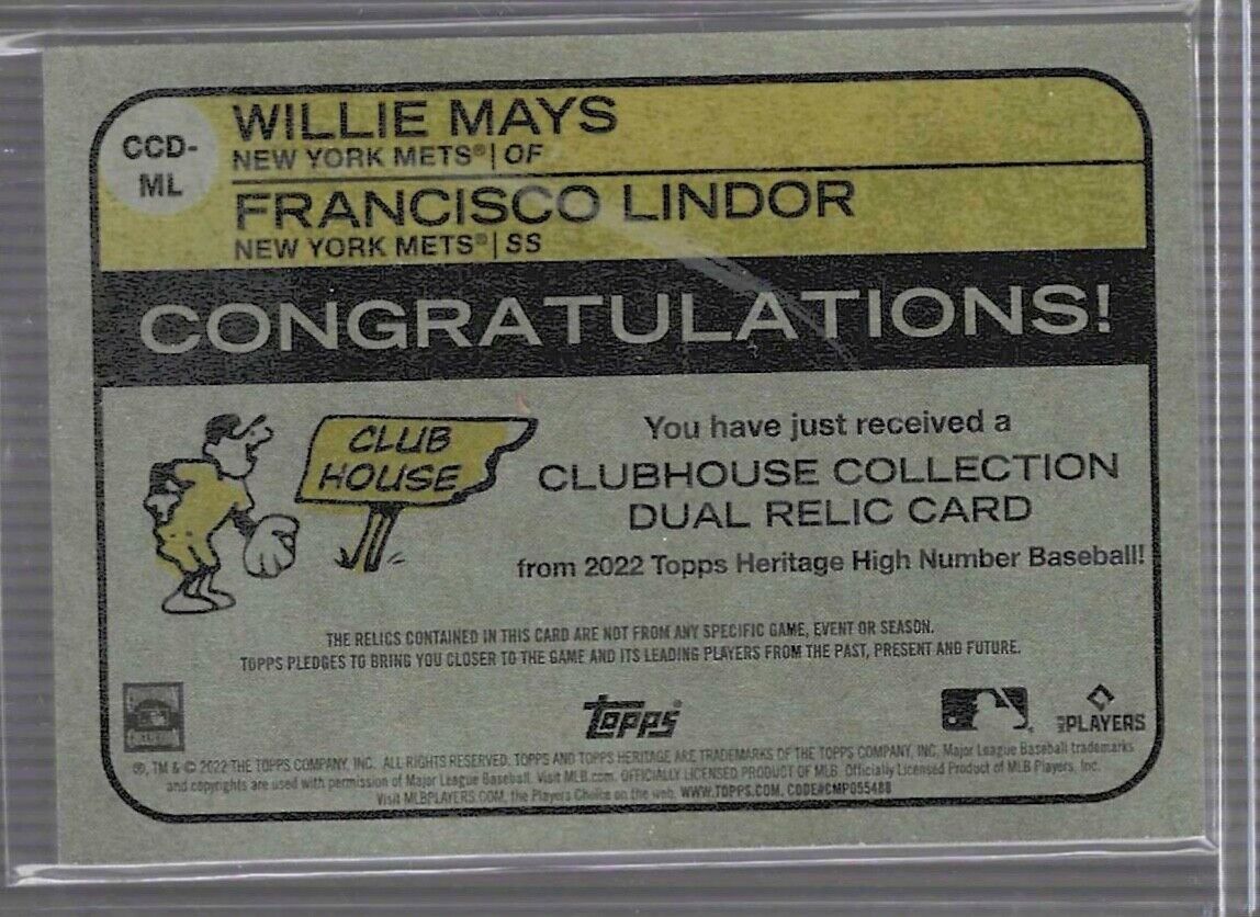 WILLIE MAYS LINDOR 2022 TOPPS HERITAGE CLUBHOUSE DUAL GAME USED BAT #D 67/73