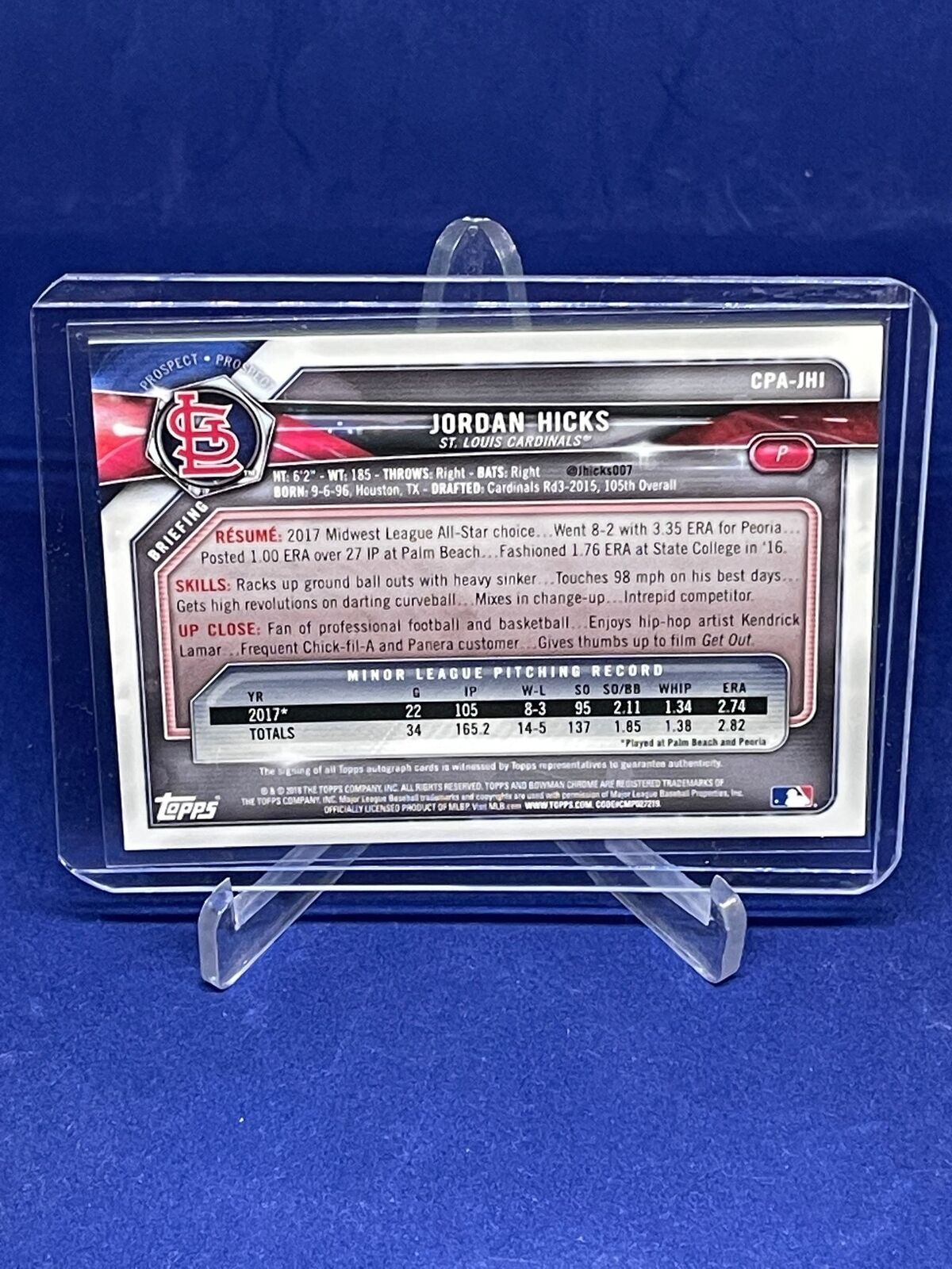 JORDAN HICKS 2018 BOWMAN CHROME 1ST ON CARD AUTO PROSPECT