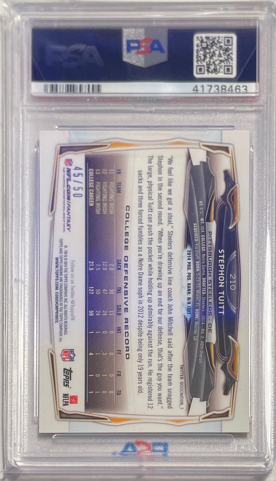 STEPHON TUITT 2014 TOPPS CHROME GOLD REFRACTOR RC #D /50 PSA 10 GEM MINT POP 1/1