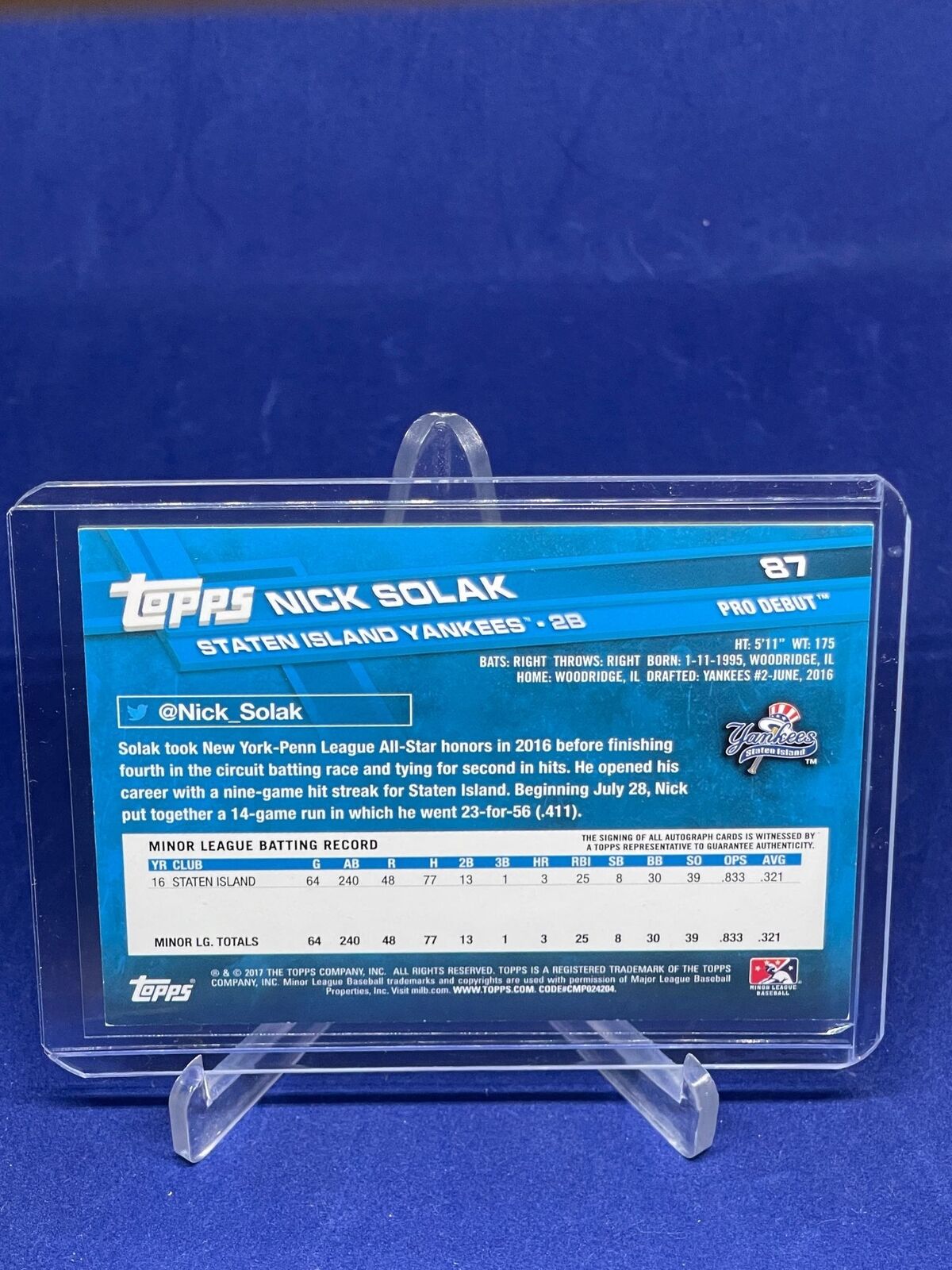 NICK SOLAK 2017 TOPPS PRO DEBUT AUTO PROSPECT #87