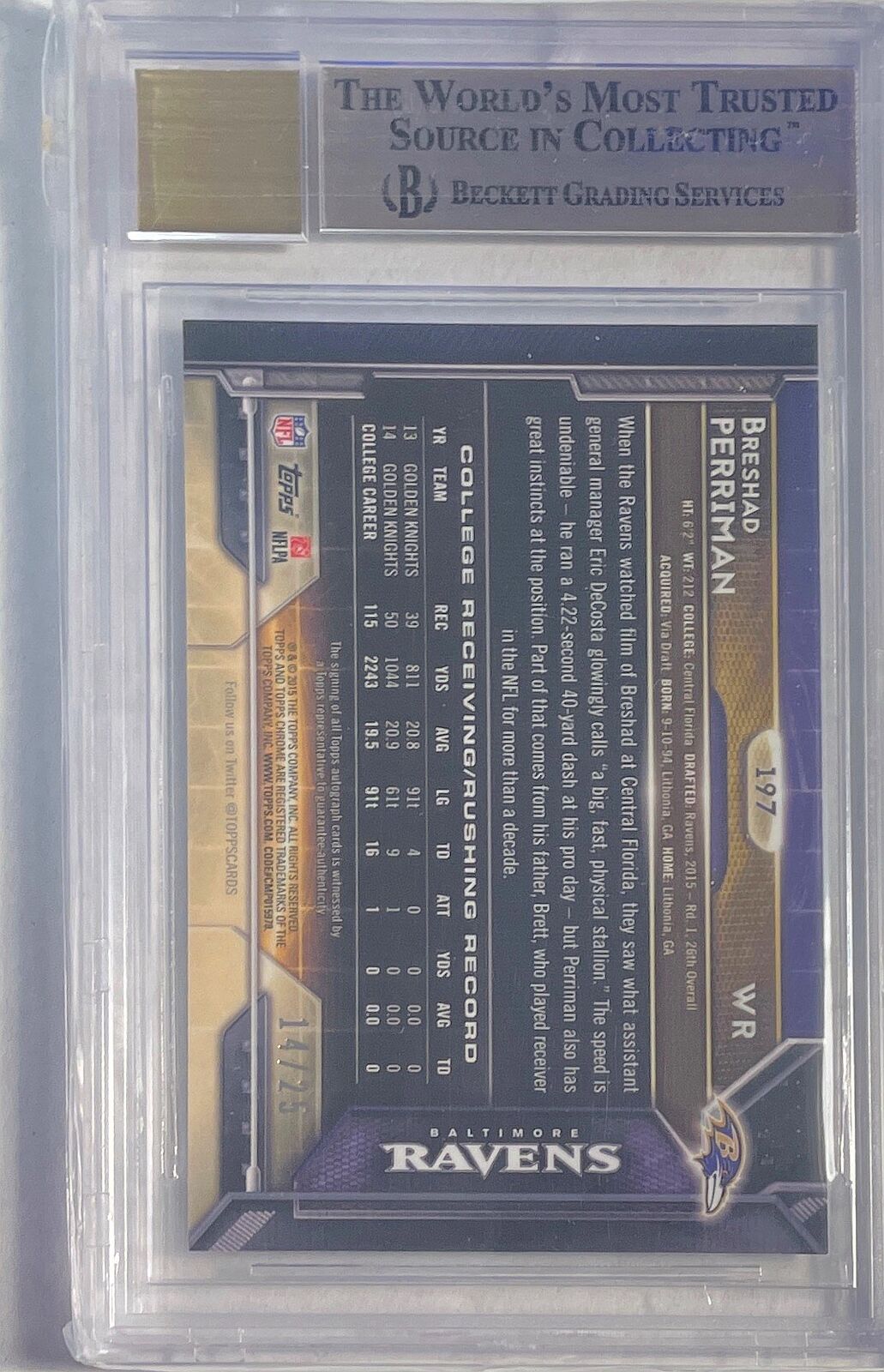 BRESHAD PERRIMAN 2015 TOPPS CHROME BLACK REFRACTOR AUTO RC /25 BGS 9.5 10 POP 2
