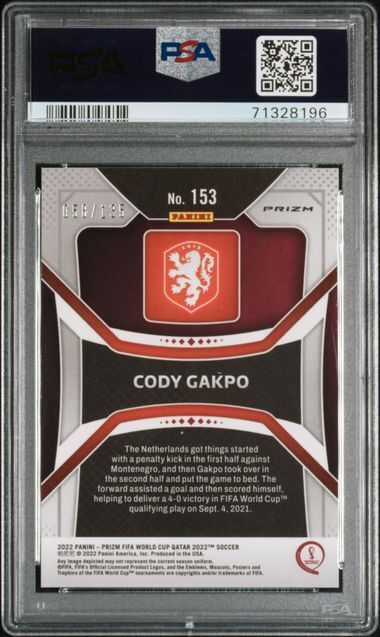 CODY GAKPO 2022-23 PANINI PRIZM WORLD CUP QATAR BLUE CHOICE RC /135 PSA 9 MINT
