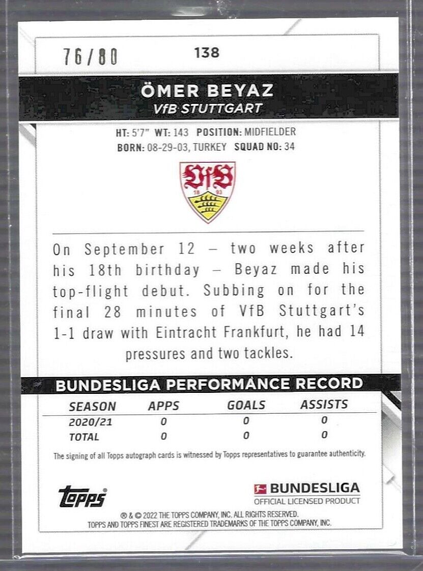 OMER BEYAZ 2021-22 TOPPS FINEST PURPLE WAVE REFRACTOR ROOKIE AUTO RC #D 76/80