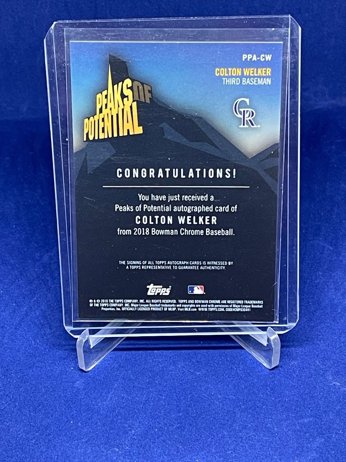 COLTON WELKER 2018 BOWMAN CHROME PEAKS OF POTENTIAL AUTO PROSPECT #D 78/99
