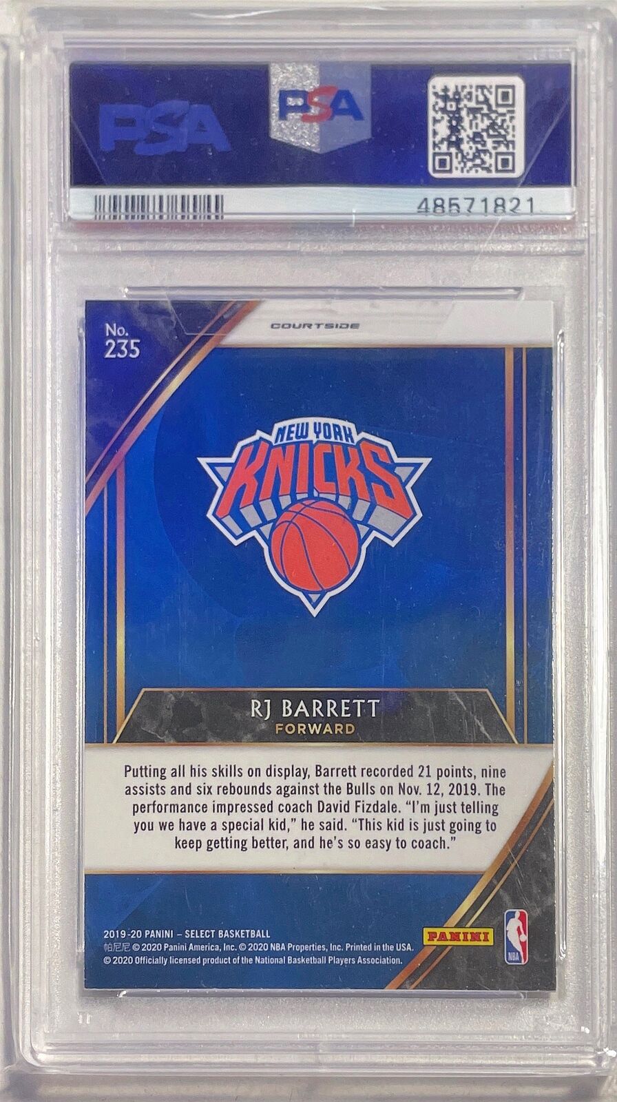 RJ BARRETT 2019-20 PANINI SELECT COURTSIDE ROOKIE RC #235 PSA 9 MINT