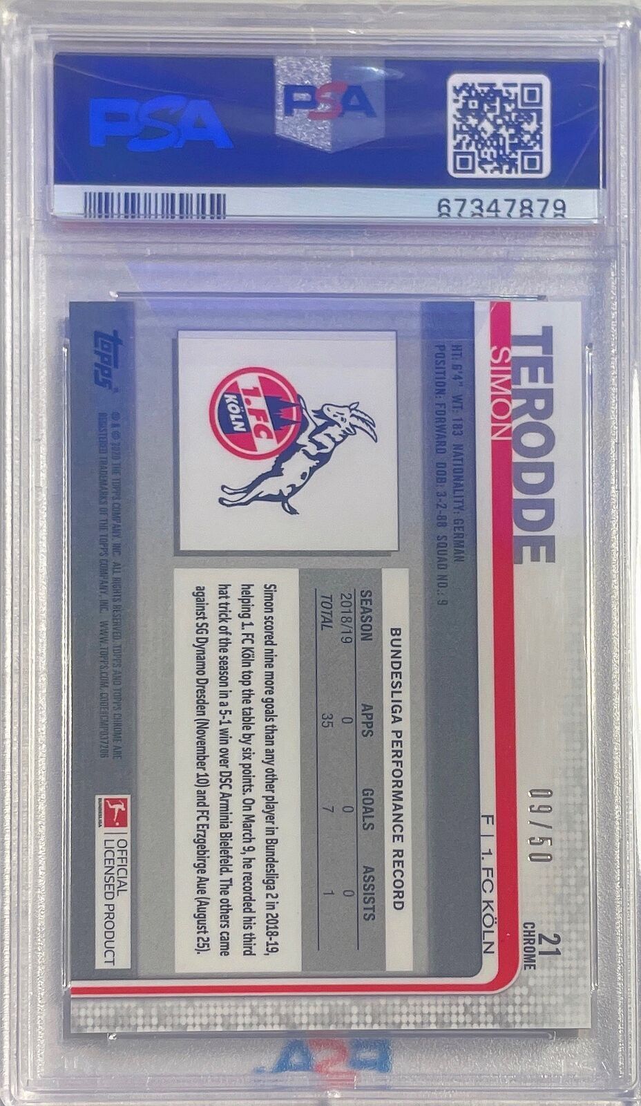 1/1 SIMON TERODDE 2019-20 TOPPS CHROME BUNDESLIGA GOLD REFRACTOR #D 9/50 PSA 10