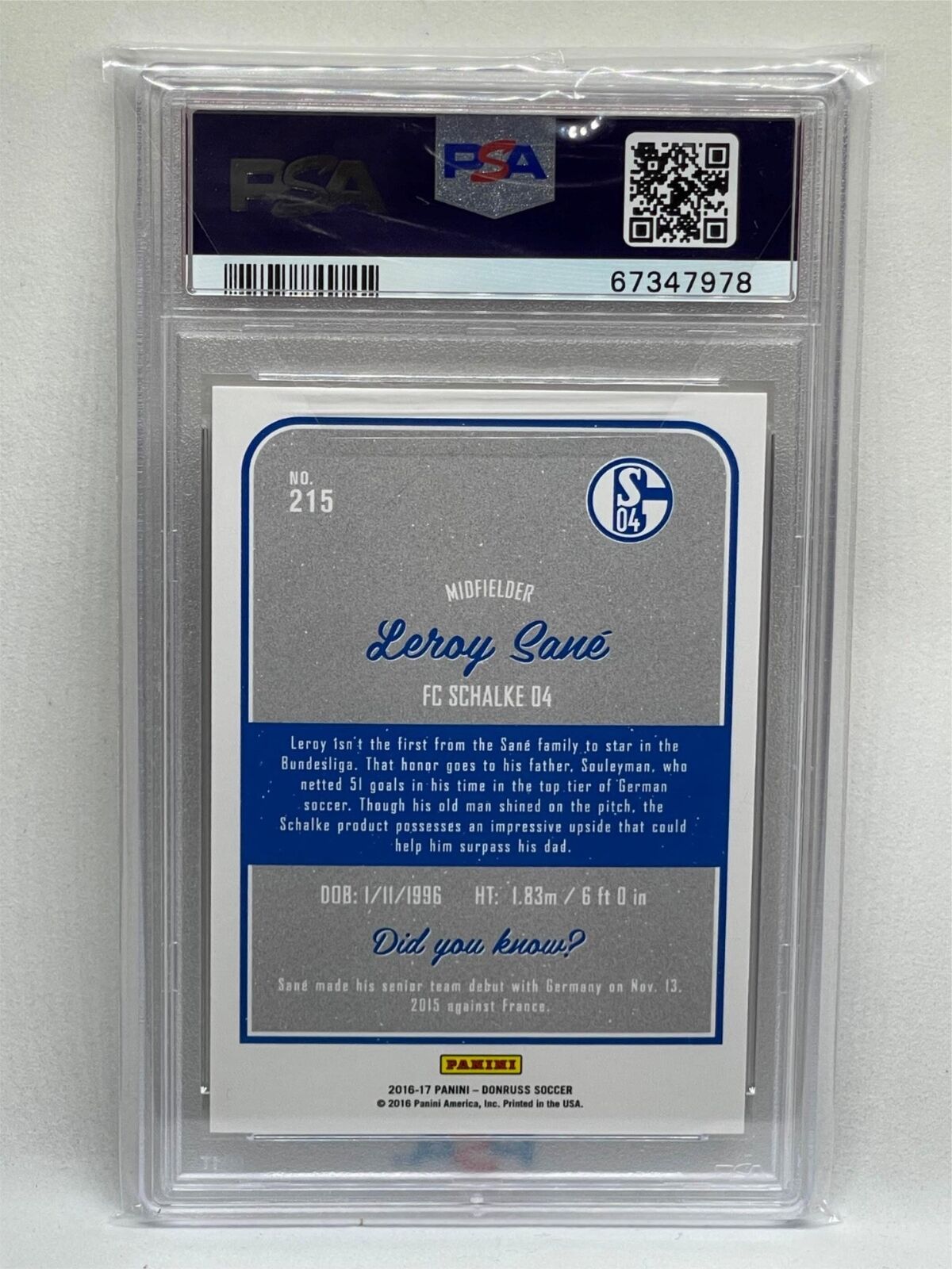 LEROY SANE 2016 PANINI DONRUSS HOLOGRAPHIC #215 ROOKIE RC PSA 10 GEM MINT
