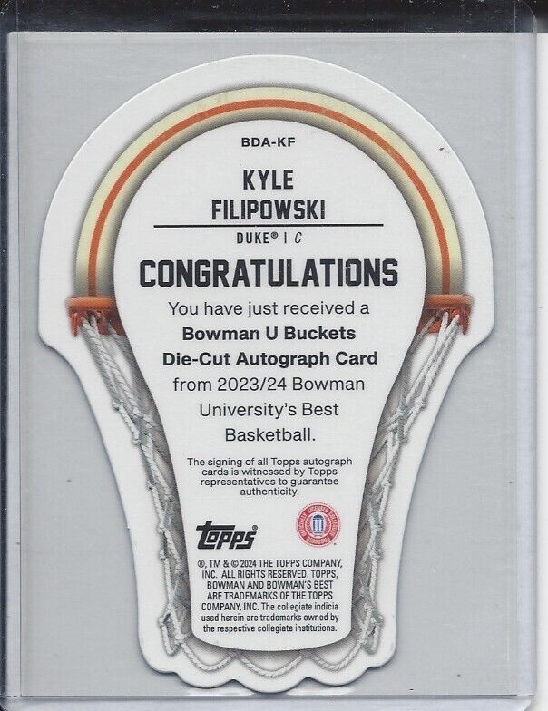 KYLE FILIPOWSKI 2023 BOWMANS BEST UNIV BUCKETS REFRACTOR ON CARD AUTO #D 56/75