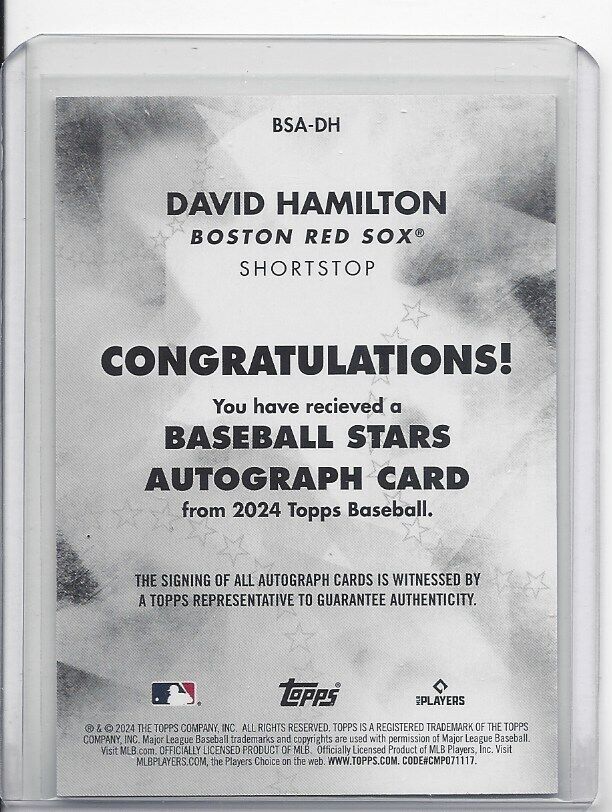 DAVID HAMILTON 2024 TOPPS SERIES 2 BASEBALL STARS RED SOX ROOKIE AUTO RC