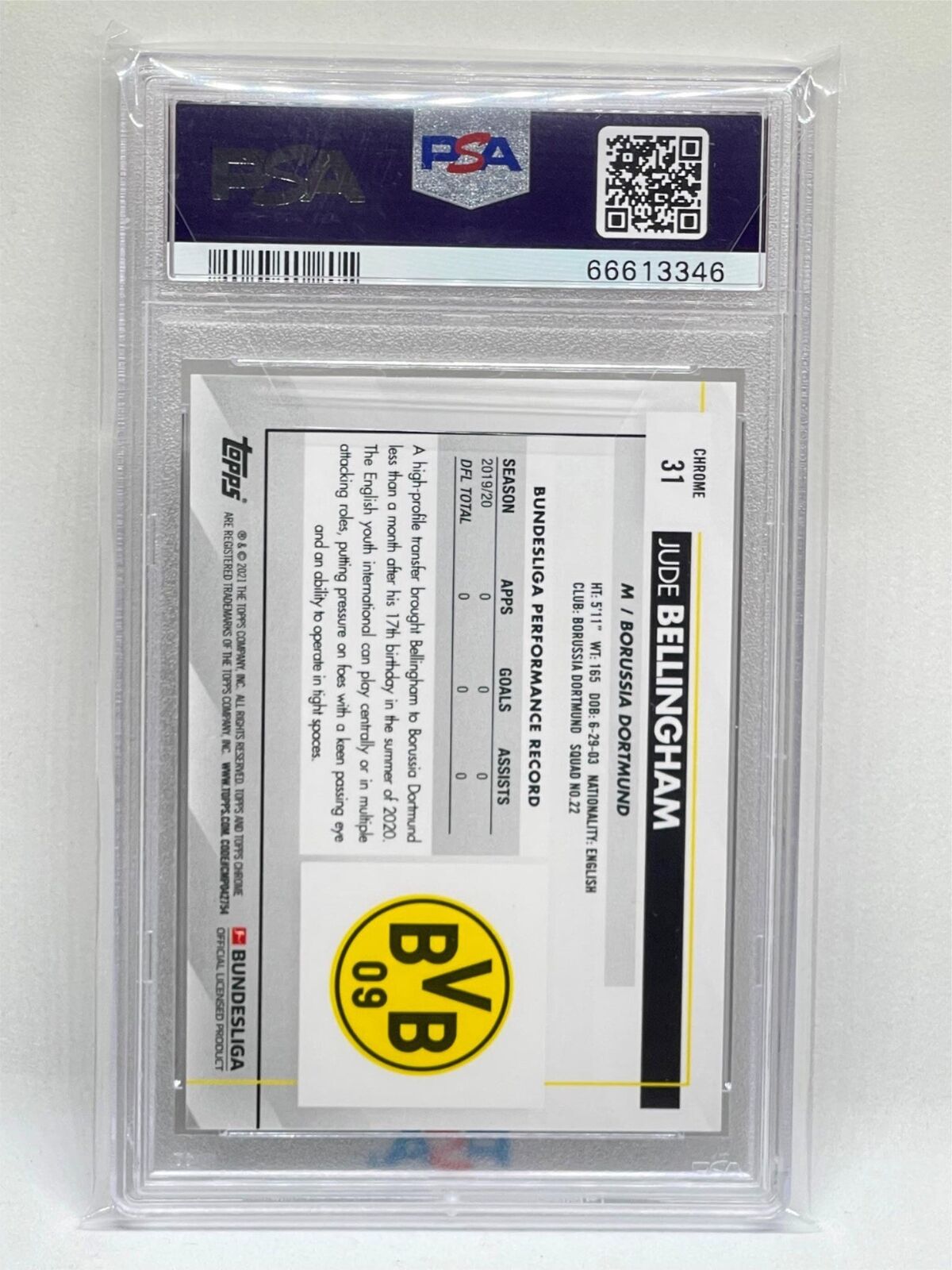 JUDE BELLINGHAM 2020-21 TOPPS CHROME BUNDESLIGA #31 ROOKIE RC PSA 9 MINT