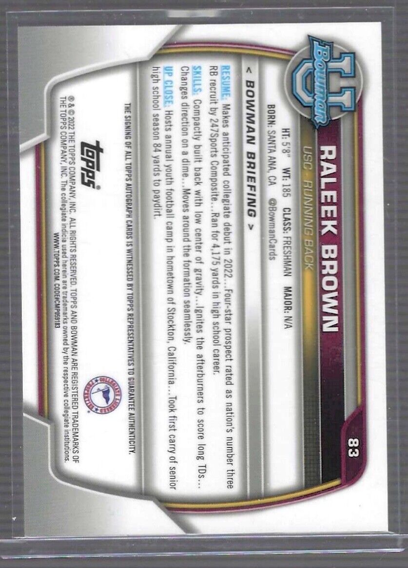 RALEEK BROWN 2022 BOWMAN UNIVERSITY CHROME 1ST PROSPECT AUTO #83