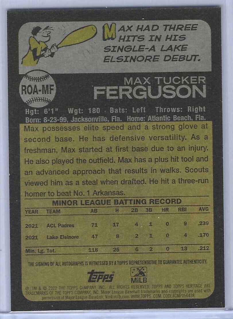 MAX FERGUSON 2022 TOPPS HERITAGE MINOR LEAGUE PROSPECT REAL ONE AUTO #ROA-MF