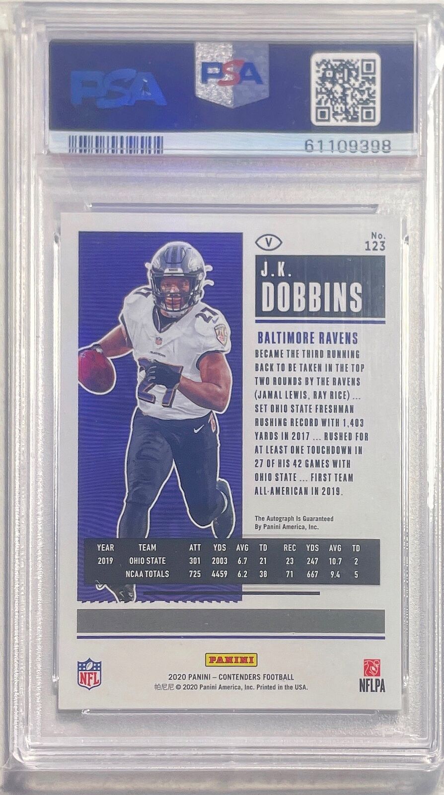 J.K. DOBBINS 2020 CONTENDERS TEAM HELMET ROOKIE TICKET AUTO RC 123 PSA 10 POP 12