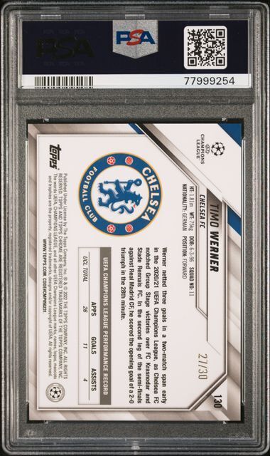 TIMO WERNER 2021-22 CHROME UCL BLACK & GOLD STARBALL REFRACTOR #D 27/30 PSA 10