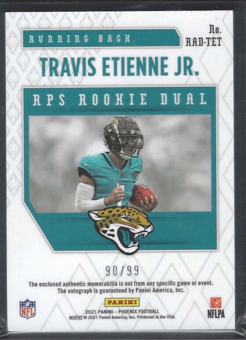 TRAVIS ETIENNE JR 2021 PANINI PHOENIX SILVER PRIZM DUAL PATCH AUTO RC #D 90/99
