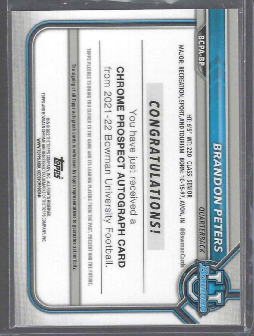 BRANDON PETERS 2022 BOWMAN UNIVERSITY LAVA WAVE REFRACTOR 1ST AUTO #D 095/199