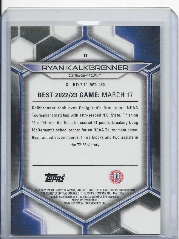 RYAN KALKBRENNER 2023 BOWMANS BEST ORANGE CREIGHTON REFRACTOR #D 7/25