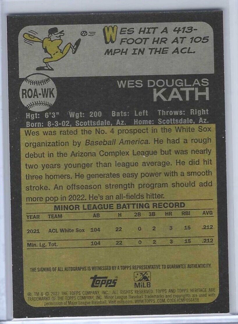 WES KATH 2022 TOPPS HERITAGE MINOR LEAGUE PROSPECT REAL ONE AUTO #ROA-WK